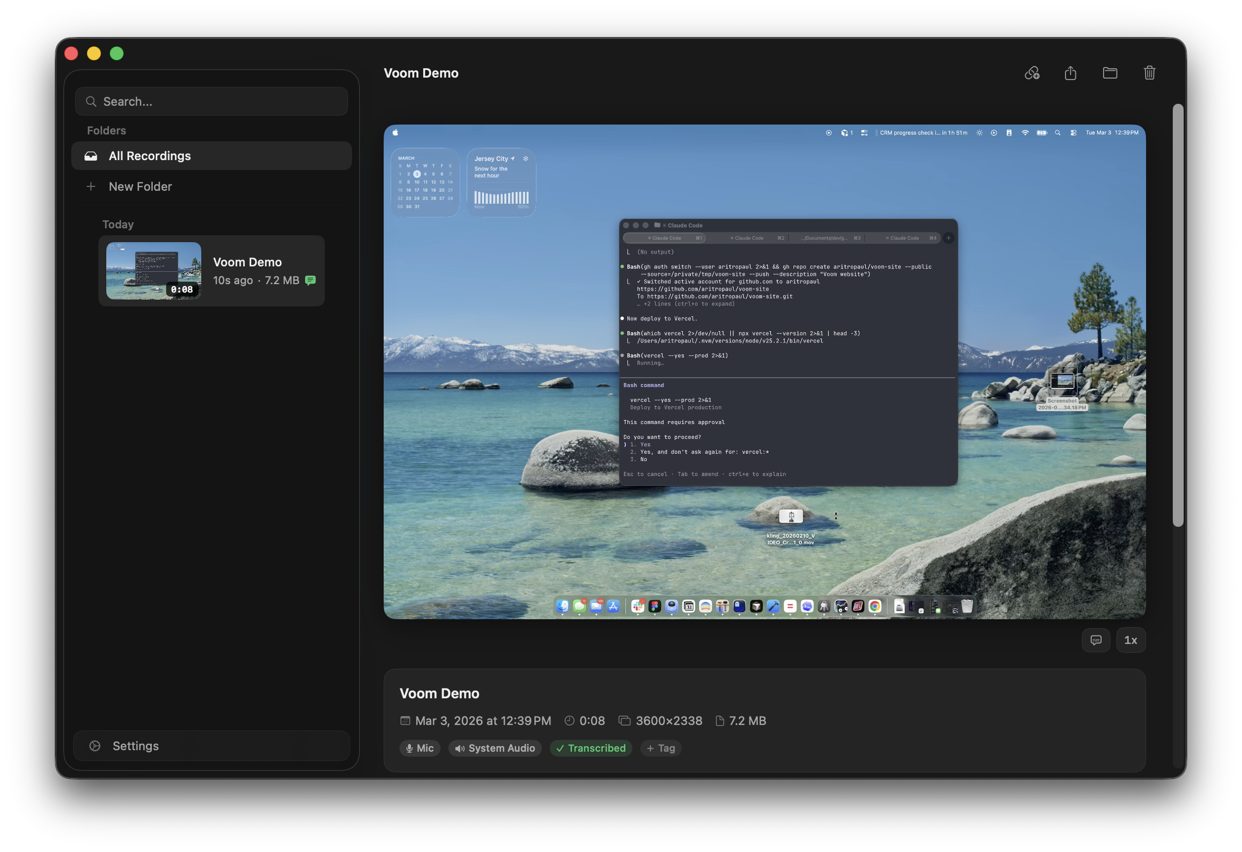The Voom app on macOS — recording library, transcript, and share view